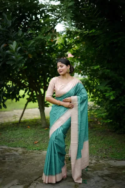 Premium Soft Tussar Silk Kantha Border Saree with Checks Printed Pattern